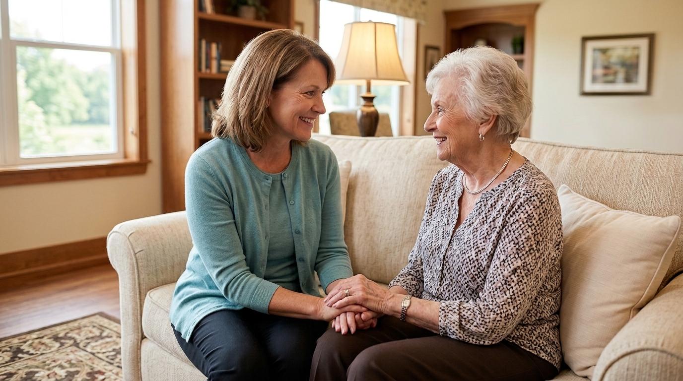 An older adult and a younger adult sharing a calm, caring conversation at home about a care transition.