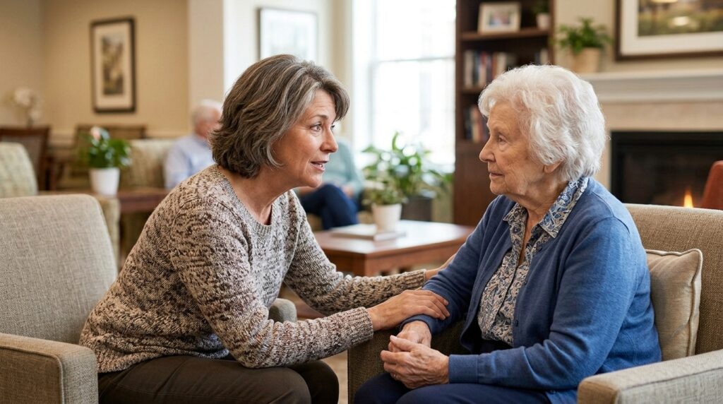 Two adults sitting together at a table, having a calm and caring conversation about senior living options.