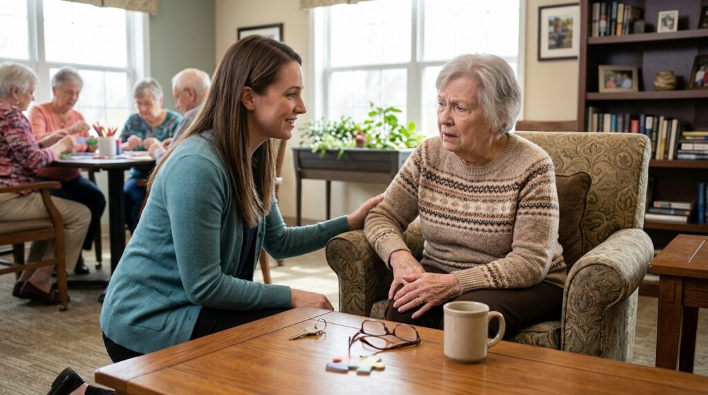 Senior adult and caregiver reviewing Alzheimer's warning signs together in a warm, supportive setting.