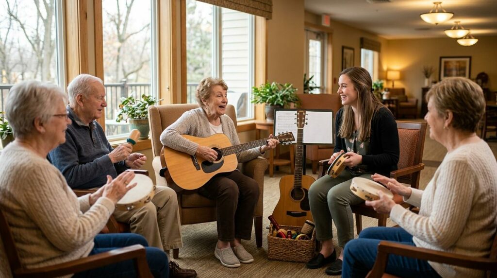 A group of older adults smiles while playing instruments together.