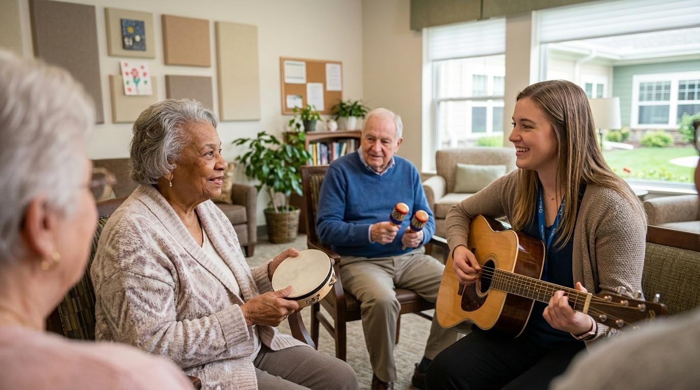 A younger adult plays guitar with a group of older adults playing instruments.