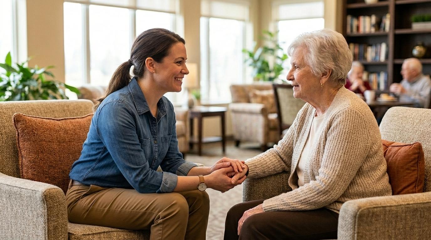 A senior and a younger woman share a calm, warm conversation as they sit opposite to each other in a cozy senior living community common area.
